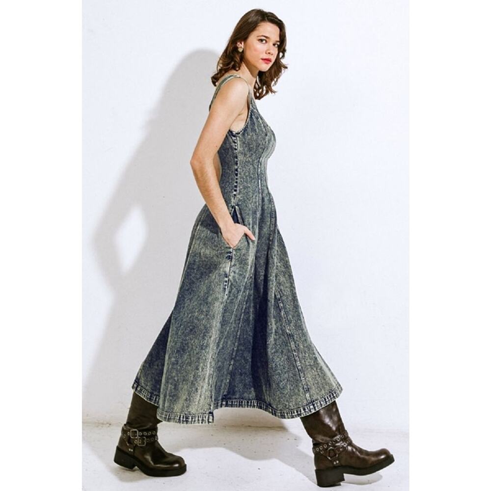 FREEMARKET Denim Acid Size Medium Washed Midi Dress - Picture 3 of 4